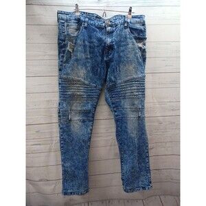 WT 02 Pants Mens Blue Denim Jeans Distressed Acid Wash Cotton Blend 42x32